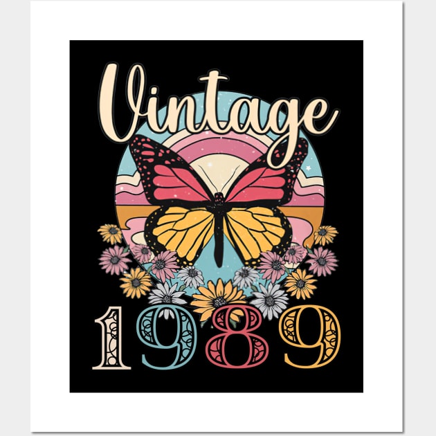 Floral Butterfly Retro Vintage 1989 34th Birthday Wall Art by nakaahikithuy